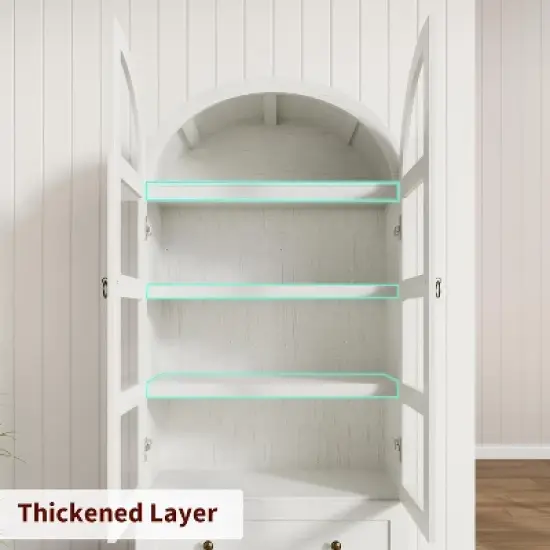 Nasitip 72" Arched Kitchen Pantry Cabinet, Retro  Tall Farmhouse Storage Cabinet with 2 Glass Doors, Drawers, and Adjustable Shelves image {5}