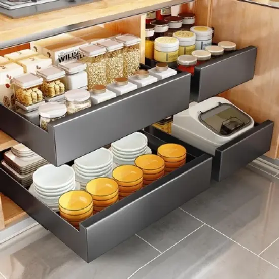 Expandable Carbon Steel Pull Out Cabinet Organizer, Slide Out Drawer with Adhesive for Kitchen, Pantry, Bathroom Vanity image {5}