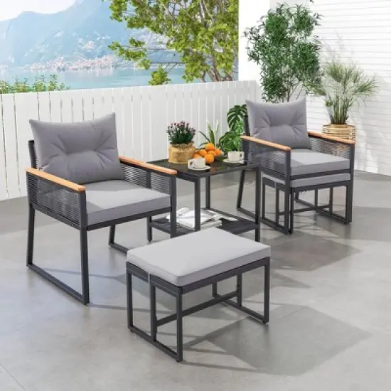 Costway 5 Piece Outdoor Conversation Set Rattan Armchairs with 2-Layer Side Table image {4}