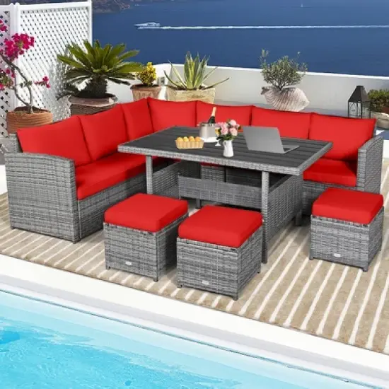 Tangkula 7PCS Rattan Patio Sectional Sofa Set Conversation Set w/ Red Cushions image {3}