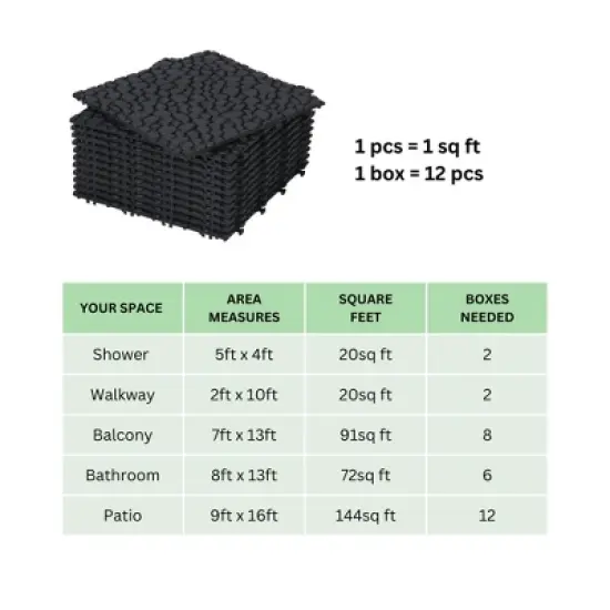 12 x 12 Inch Black Interlocking Deck Tiles with Pebble Stone Pattern, Waterproof Plastic Outdoor Decking, 12-Pack image {3}