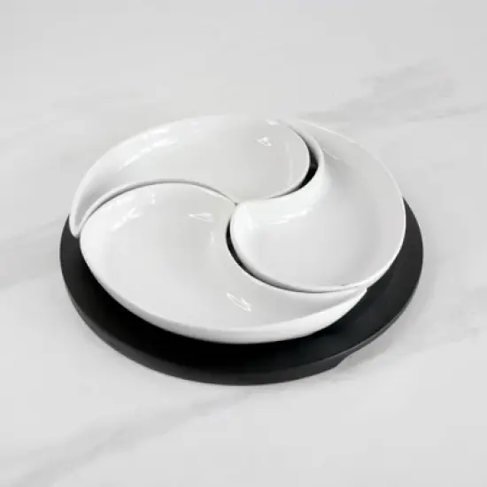 Jiallo 3 Tear Drop Ceramic Plate with Wood Tray 9x9x2" image {1}