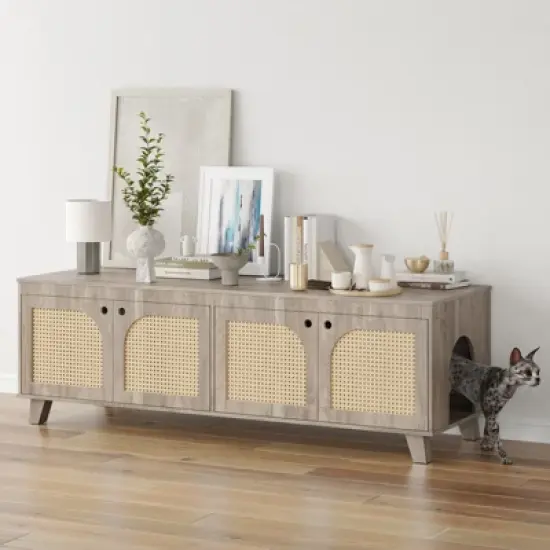 ORRD Double Hidden Cat Litter Box Enclosure Furniture with Rattan Doors - 2-Entrance Cabinet for Two Cats, Odor Control,Black image {9}