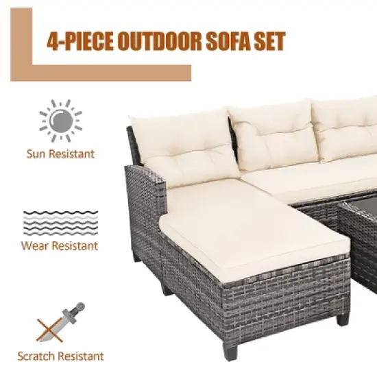 Costway 4PCS Patio Rattan Furniture Set Sofa Ottoman Cushion Garden Deck White/Gray image {4}