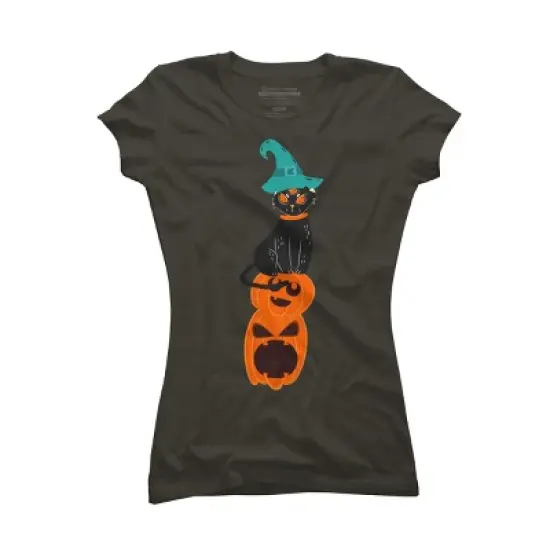 Junior's Design By Humans Halloween Pumpkins and Witch Cat By famenxt T-Shirt image {5}
