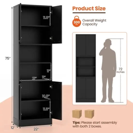 Tangkula Kitchen Pantry Cabinet 75&rdquo; Tall Freestanding Cupboard with Doors & Shelves Safety Hinges & Anti-tipping Devices Black/White image {8}