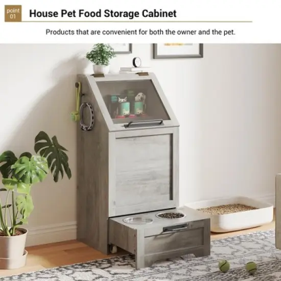 Pet Feeder Station with 2 Raised Bowls, 35.2 Inch Dog Food Storage Cabinet with Flip Top, Pet Toy Organizer for Large, Medium, Small Dogs image {3}