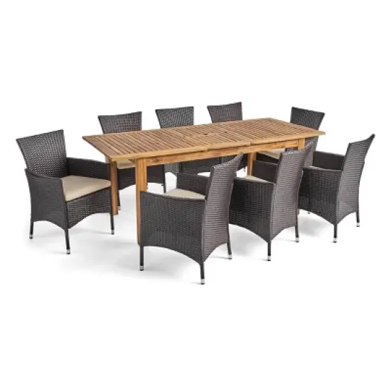 Nadia 9pc Wood & Wicker Expandable Dining Set - Natural/Brown/Beige - Christopher Knight Home image {1}