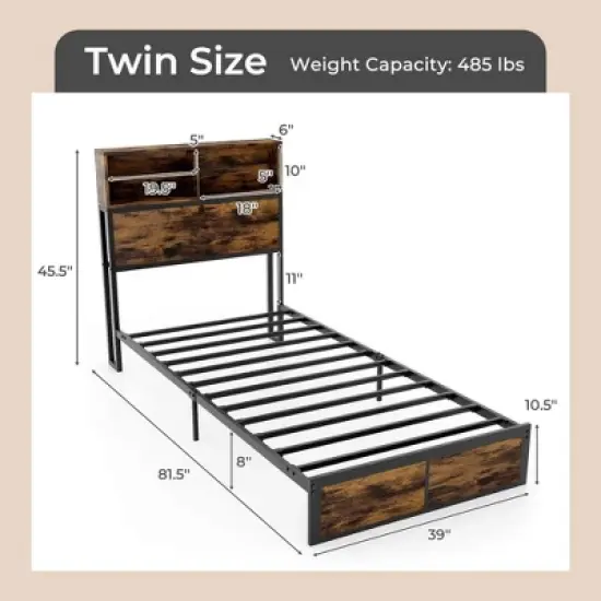 Costway Twin/Full/Queen/King Bed Frame with Charging Station Storage Headboard Under-bed Storage Space image {2}