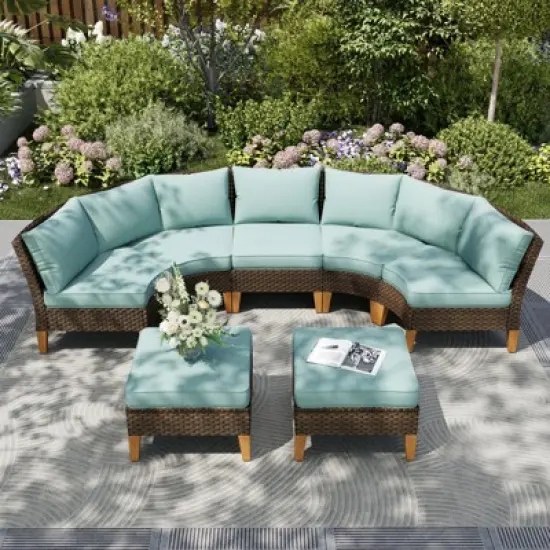Captiva Designs 7pc Outdoor Wicker Rattan Patio Half-Moon Curved Sectional Sofa Set with Cushioned Ottoman image {14}