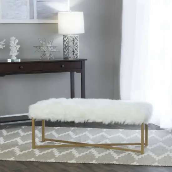 Faux Fur Rectangle Bench White - HomePop image {4}