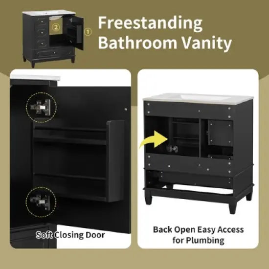 JUJABU 30" Freestanding Bathroom Vanity with Ceramic Basin, Soft-Close Door, 3 Drawers & Storage Shelves image {6}