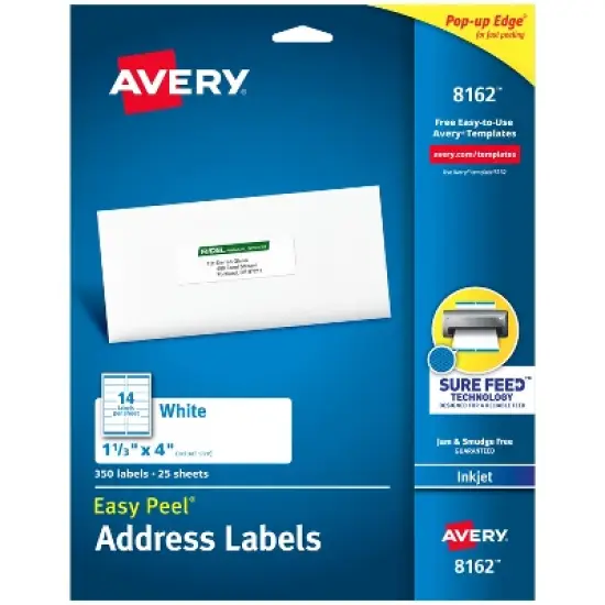 Avery Easy Peel Address Labels, Sure Feed Technology, Permanent Adhesive, 1-1/3" x 4", 350 Labels (8162) image {9}