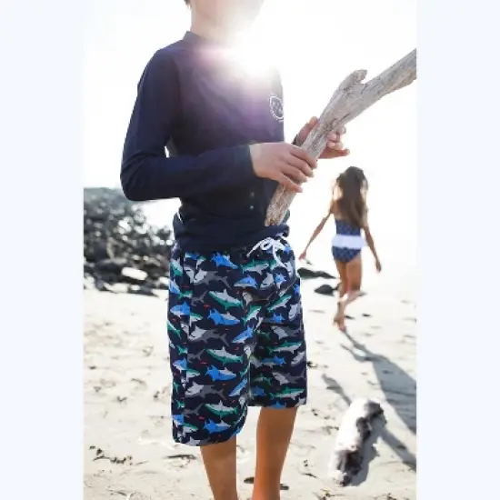 Hope & Henry Boys Navy Shark Print Swim Trunks, Kids image {3}
