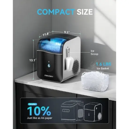 EUHOMY Nugget Countertop Ice Maker, 40 Lbs/Day, APP Remote Control & LED Indicator, Self-Cleaning, Compact Ice Machine with Scoop, Black image {8}