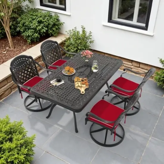 5-Piece Outdoor Dining Set, Cast Aluminum Rectangle Table with Swivel Chairs, Red Cushions, Umbrella Hole image {12}