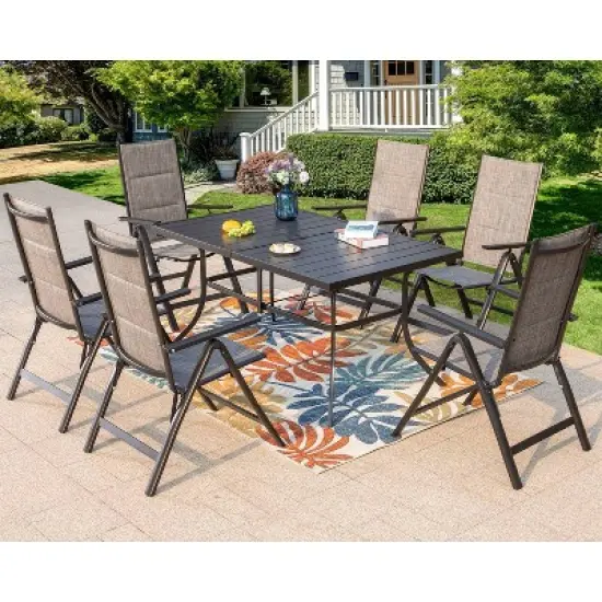 7pc Outdoor Dining Set with 7 Position Adjustable Folding Chairs & Metal Rectangle Table with Umbrella Hole - Captiva Designs image {9}