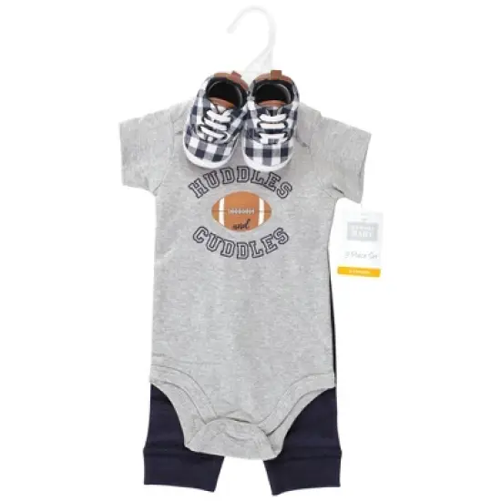 Hudson Baby Infant Boy Cotton Bodysuit, Pant and Shoe Set, Football Huddles Short Sleeve image {1}