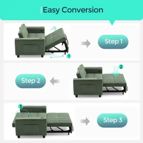 3-in-1 Convertible Sofa Bed, 54" Pull Out Sleeper Sofa with Charging Station & Cup Holder image {7}