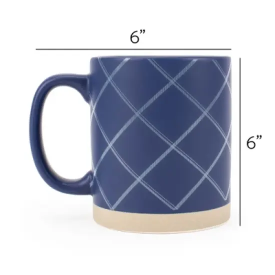 Elanze Designs Modern Plaid Raw Clay Bottom Navy Blue 16 ounce Ceramic Coffee Mugs Set of 4 image {3}