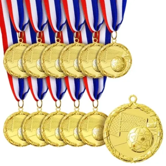 Juvale 12 Pack Soccer Award Medals Adults - Durable Red, White, and Blue 15.5" Ribbon (2 In, Metal, Gold) image {9}