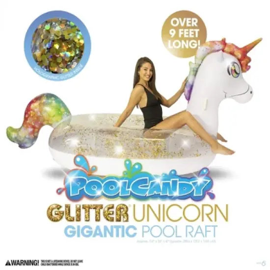 PoolCandy Gigantic Rainbow Unicorn Glitter Pool Raft Ultra Durable Sun Tan Fun Great For Pools, Lakes, And More image {8}