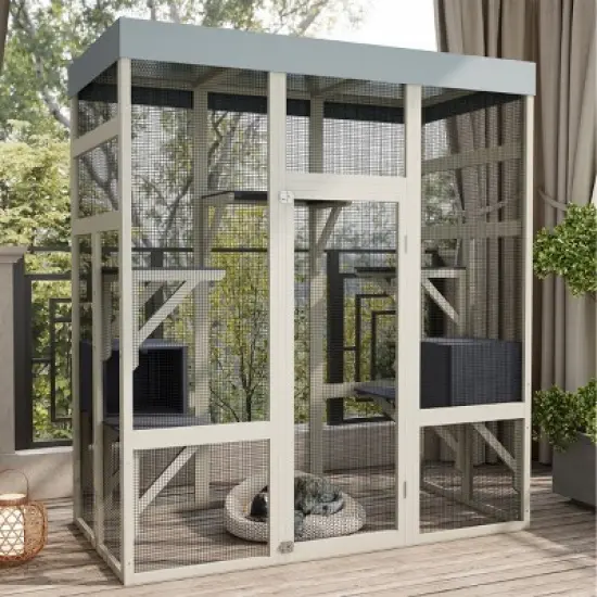 62.6" Gray Wooden Outdoor Catio, Pet Enclosure with Waterproof Roof and Rust-Proof Wire for Cats and Small Animals &ndash; Cuddlewood image {7}