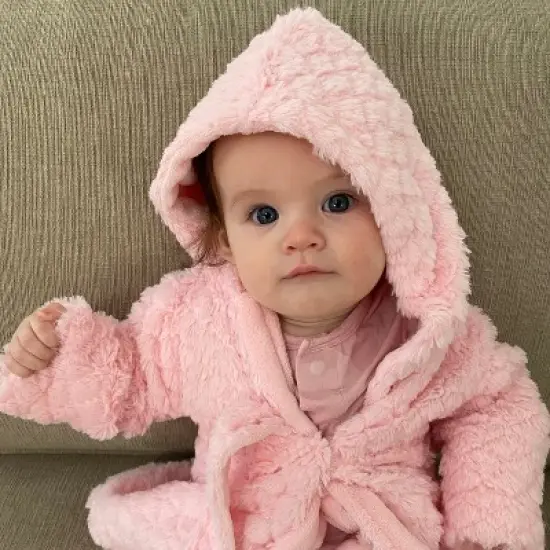 EVERYDAY KIDS Pink Baby Fleece Robe with Hood Cozy Hooded Bathrobe for Girls Ages 0-9 Months Soft, Warm, Lightweight Infant Sleepwear, Loungewear image {3}