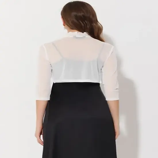 Allegra K Women's Mesh 3/4 Sleeves Open Front Elegant Ruffle Crop Bolero Shrugs image {2}