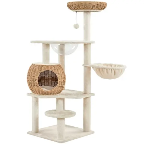 Yaheetech 54inch Rattan Cat Tree Cat Tower with Condo, Beige image {7}