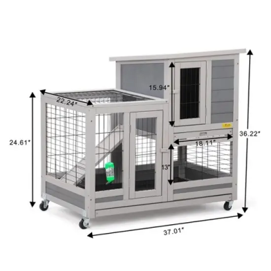 Sandinrayli Indoor Outdoor Rabbit Hutch on Wheels, Rolling Large Bunny Cage with Removable Tray, Ramp, Grey image {2}