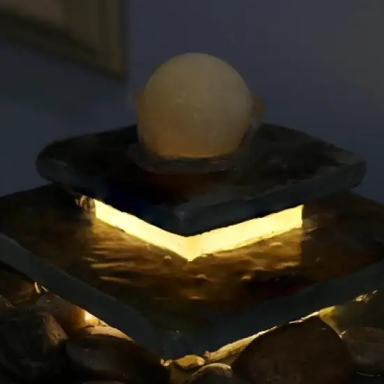 Sunnydaze Indoor Home Office Slate and Polished Stone Ball Tiered Tabletop Water Fountain with LED Light - 8" image {10}