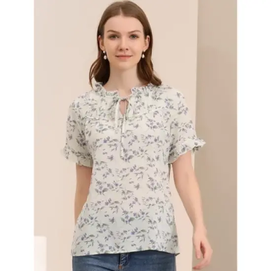 Allegra K Women's Floral Tie Neck Ruffle Short Sleeves Peasant Blouse Top image {2}