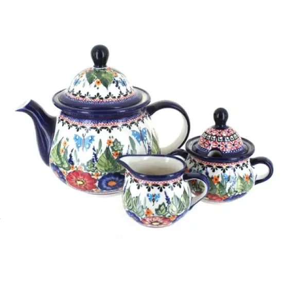Blue Rose Polish Pottery 1700 Zaklady 3 Piece Tea Set image {2}