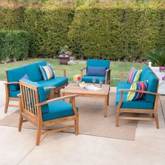 Perla 9pc Acacia Wood Patio Conversation Set - Teak/Blue - Christopher Knight Home image {1}