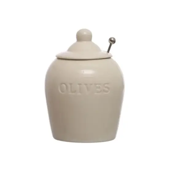 Storied Home 4 Inches Round Debossed Stoneware Jar with Stainless Steel Slotted Spoon Olives, White image {2}