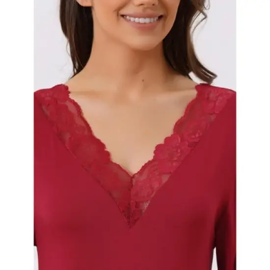 cheibear Women's Lace Modal Soft Half Sleeves One Piece Nightgown image {3}