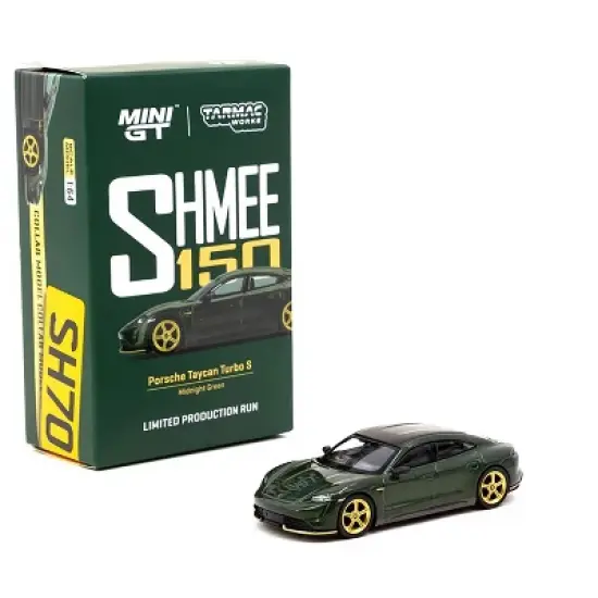 Porsche Taycan Turbo S Midnight Green Met. w/Black Top & Gold Wheels 1/64 Diecast Model Car True Scale Miniatures & Tarmac Works image {3}