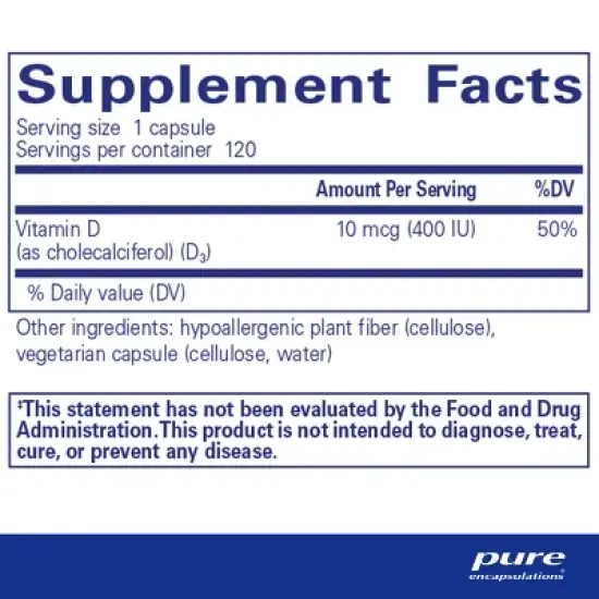 Pure Encapsulations Vitamin D3 10 mcg (400 IU) - Hypoallergenic Support for Bone, Breast, Cardiovascular, Colon and Immune Health - 120 Capsules image {1}
