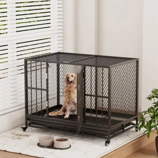 EROMMY 37" -42" Heavy Duty Dog Crate Furniture With Removable Tray, 360&deg; Lockable Wheels image {9}