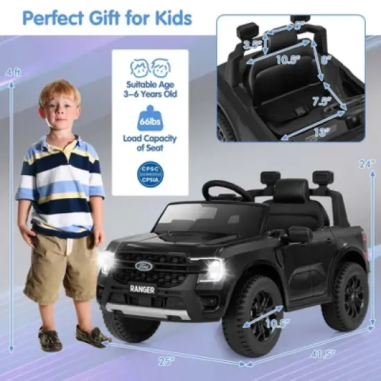 Costway 12V Licensed Ford Ranger Kids Ride on Car with Remote Control Storage Basket White/Black image {2}