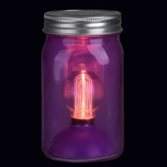Roman 6.5" Battery Operated LED Edison Bulb Vintage-Style Purple Glass Mason Jar Lantern image {1}