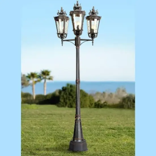 John Timberland Mediterranean Outdoor Post Light Street Lantern 3 Light Veranda Bronze 100" Clear Hammered Glass for Exterior Yard image {1}