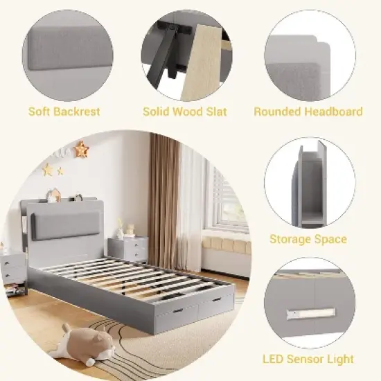 Twin Bed Frame with Upholstered Headboard and Storage &ndash; Wooden Platform Bed with 2 Drawers and 4 Open Shelves, Easy Assembly, Noise-Free, Grey image {5}