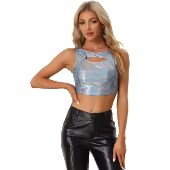 Allegra K Women's Metallic Crop Shiny Sleeveless Cut Out Party Clubwear Holographic Tank Tops image {18}