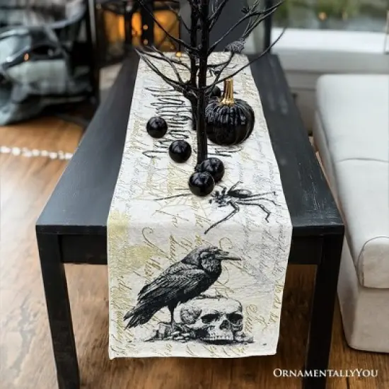 Elegant 72" Gothic Jacquard Table Runner, Halloween Tablecloth with Spider Webs and Black Ravens| OrnamentallyYou image {2}