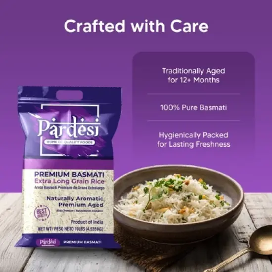 Pardesi Basmati Rice 10LB, Extra Long Grain - Premium Quality, Aromatic Flavor, Soft Texture, Perfect Cooking Choice Perfect for all cuisines. image {6}