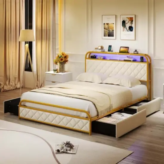 Costway Twin/Full/Queen Size Bed Frame with LED Lights & Charging Station Storage Headboard & Drawers Golden image {11}