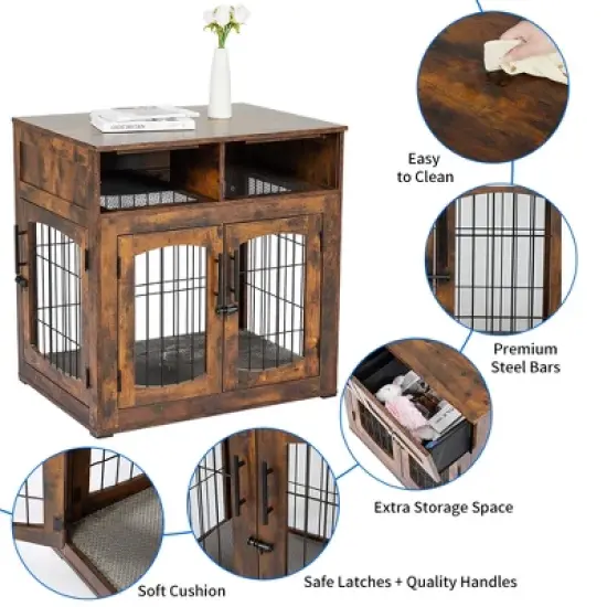 COZONY Wooden Dog Crate Furniture with 2 Drawers & 3 Doors, Removable Cushion, Decorative End Table Pet Cage for Small to Large Dogs image {2}