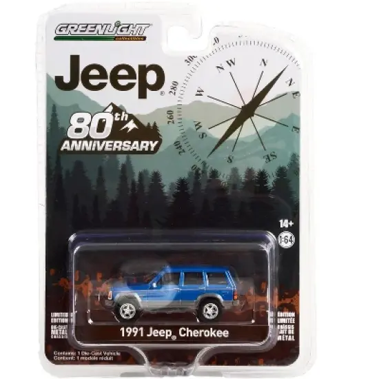 1991 Jeep Cherokee Blue Metallic with Red Stripes "Jeep 80th Anniversary Edition" 1/64 Diecast Model Car by Greenlight image {2}